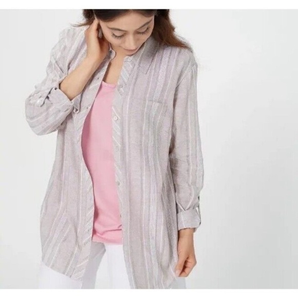 NWT Susan Graver Easy Linen Blend Cross- Dyed Tunic Khaki Stripe - Picture 1 of 11